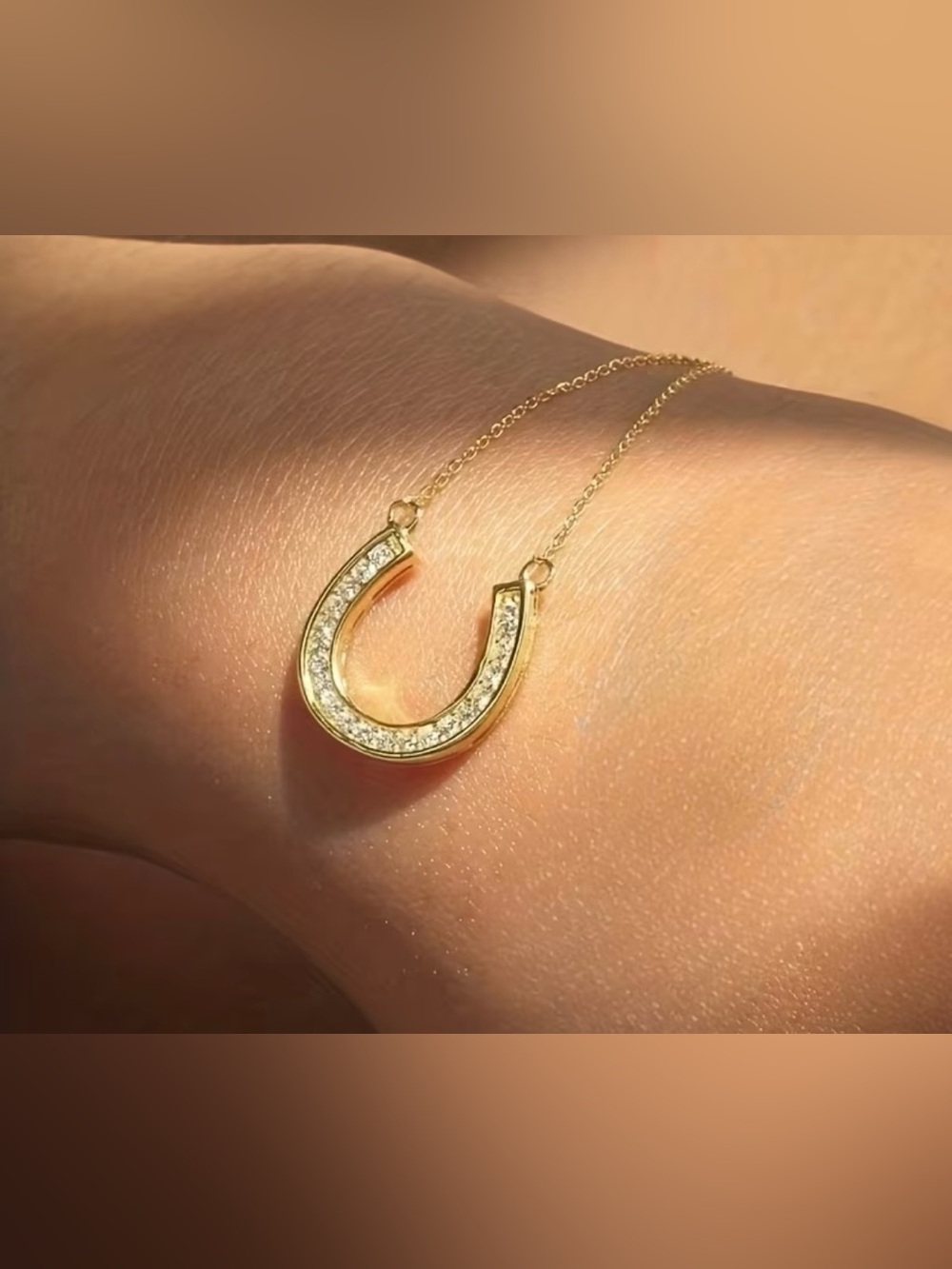 18K Gold Plated & Cubic Zirconia Horse Shoe U Shaped Pendant Necklace
